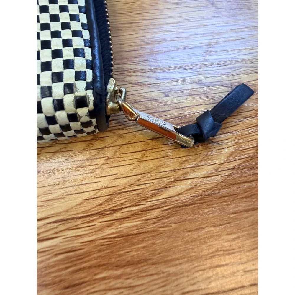 Tory Burch Woven Leather Checkerboard Zip Continental Wallet Navy White OS